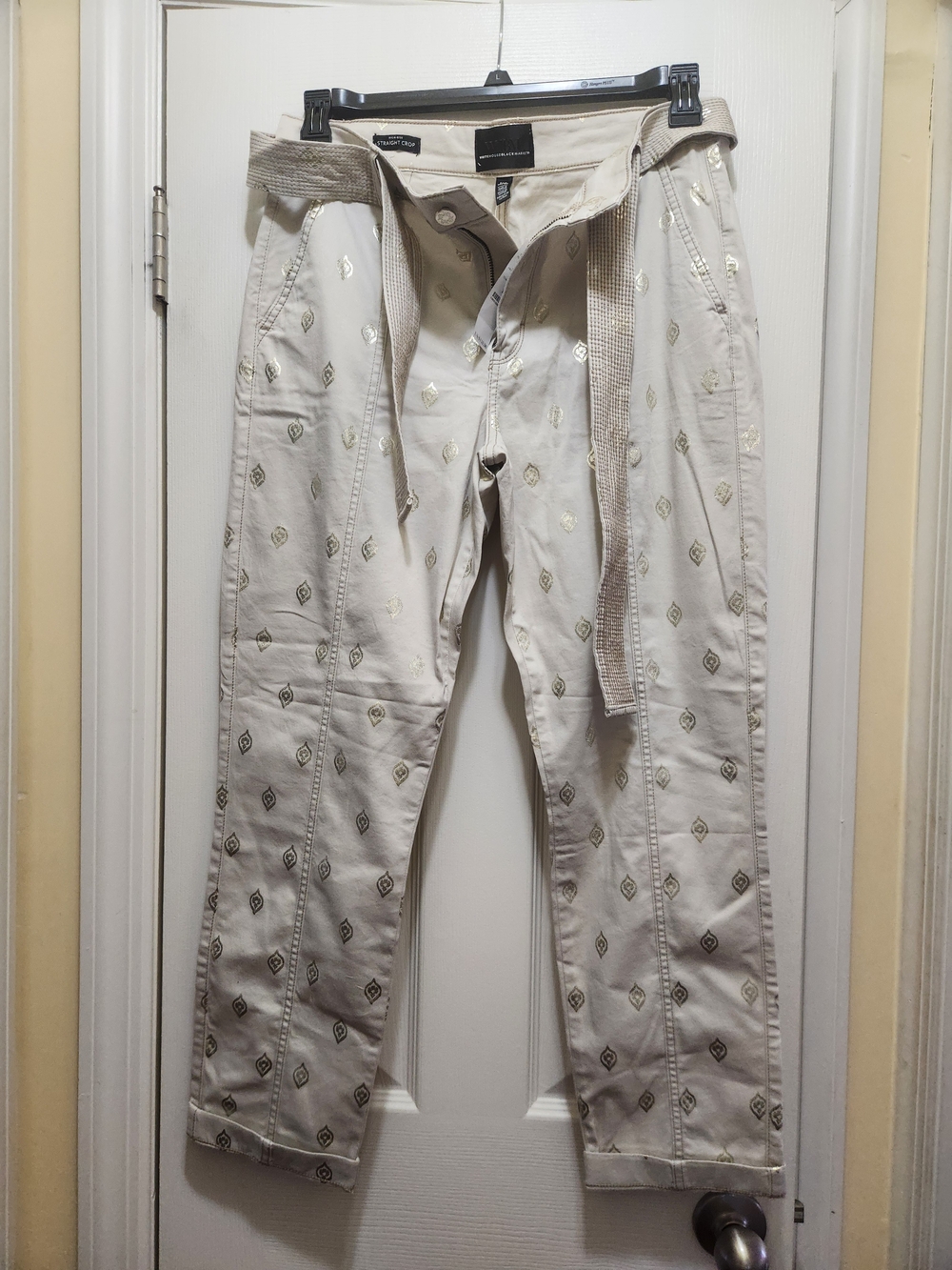Gold-Print Beige Ankle Pants